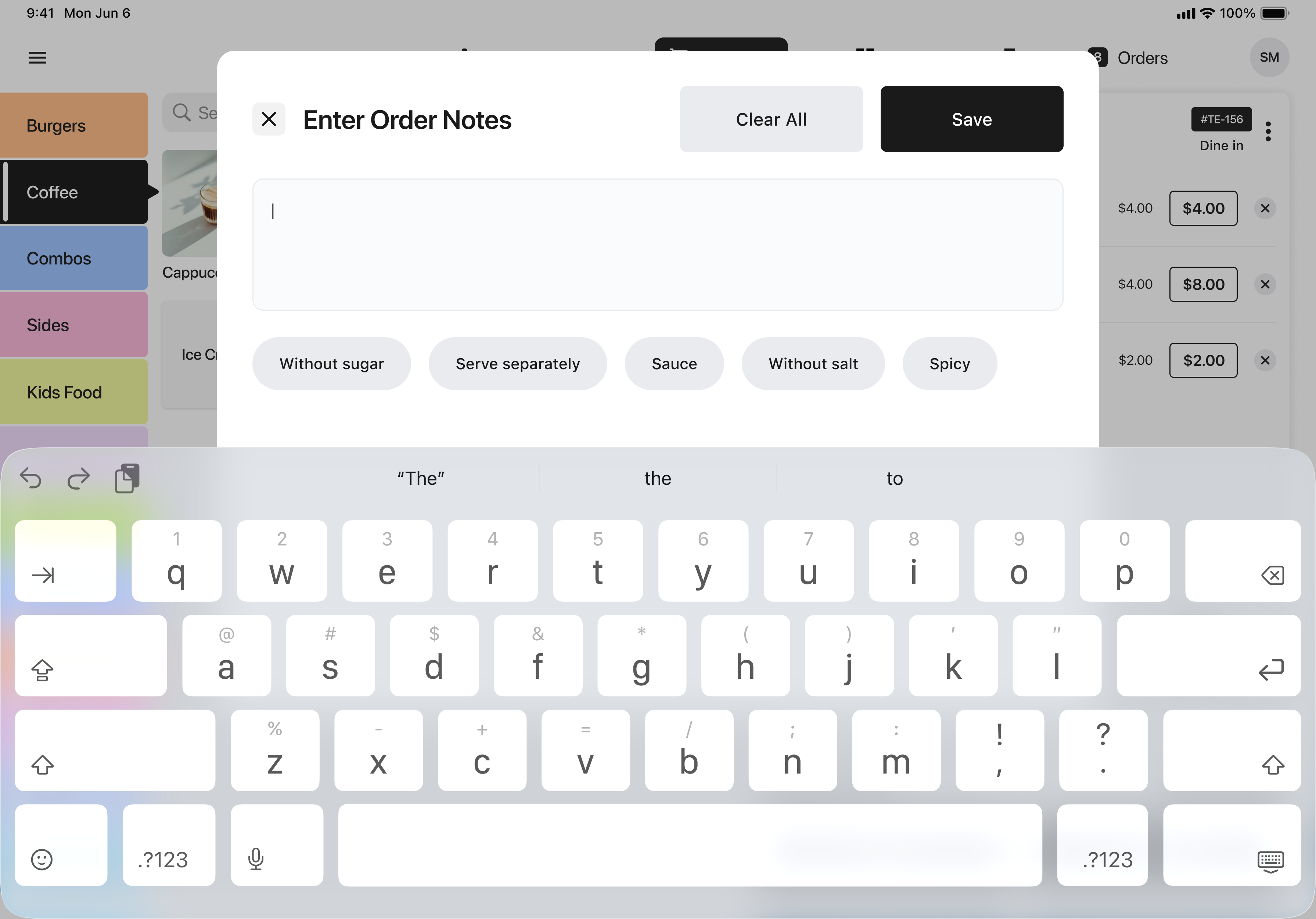 Order notes modal